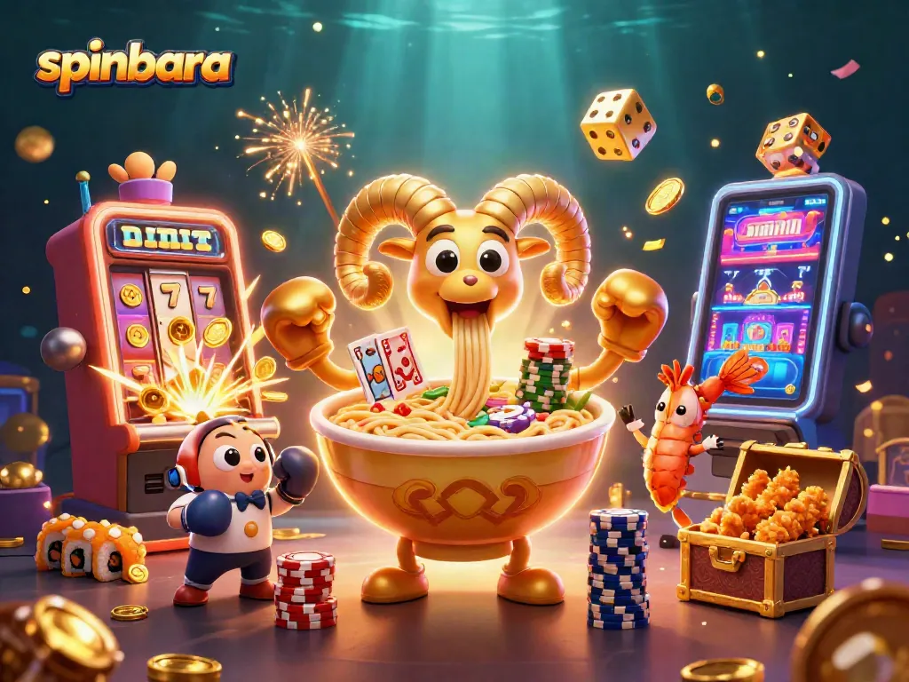 Spinbara showcases a thrilling cartoon casino scene with a golden ramen bowl dealing cards, surrounded by a burst of gaming elements.