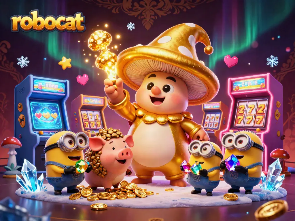 Engage with robocat and explore exciting casino elements like slots and magical treasures!
