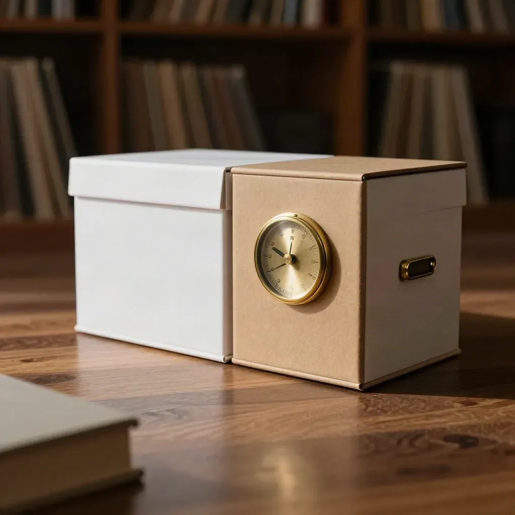 Cajas de archivo junto a un dial de latón y un aro de cierre en luz cálida.