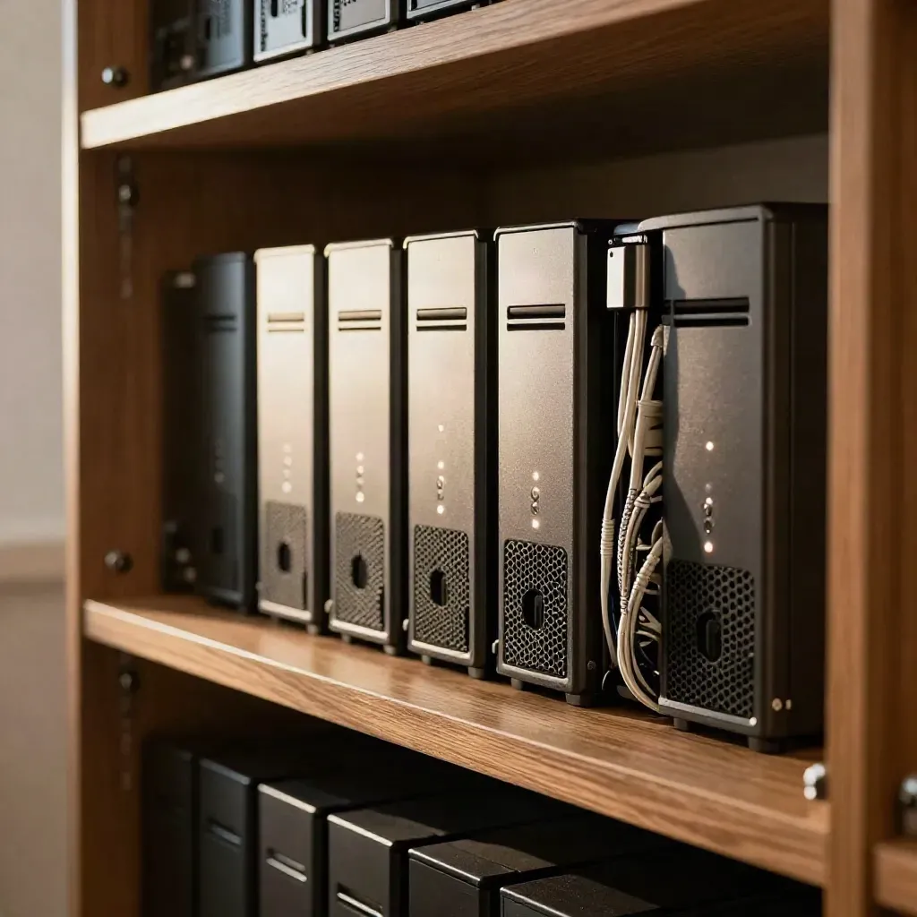 NAS apilados con luces discretas en un rincón de archivo cálido y silencioso.