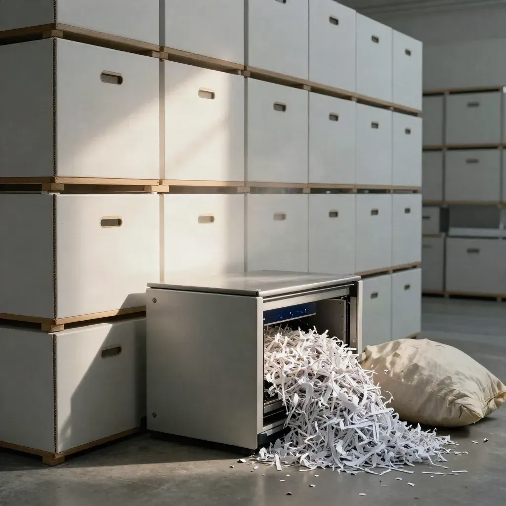 Sala de archivo con cajas, escáner, hardware en nube y saco de destrucción de papel.