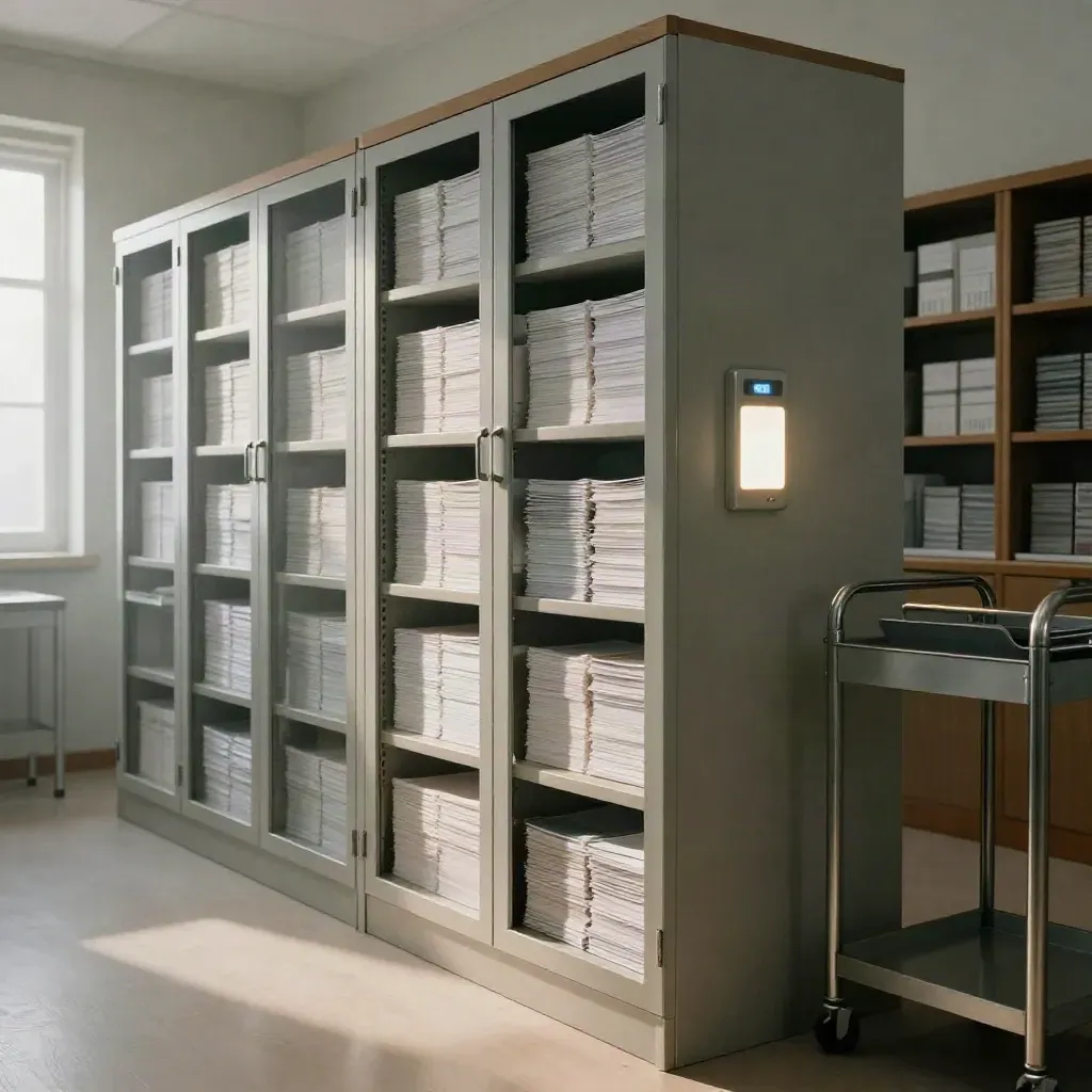 Archivo médico seguro con armarios cerrados y carpetas ordenadas bajo luz cálida.