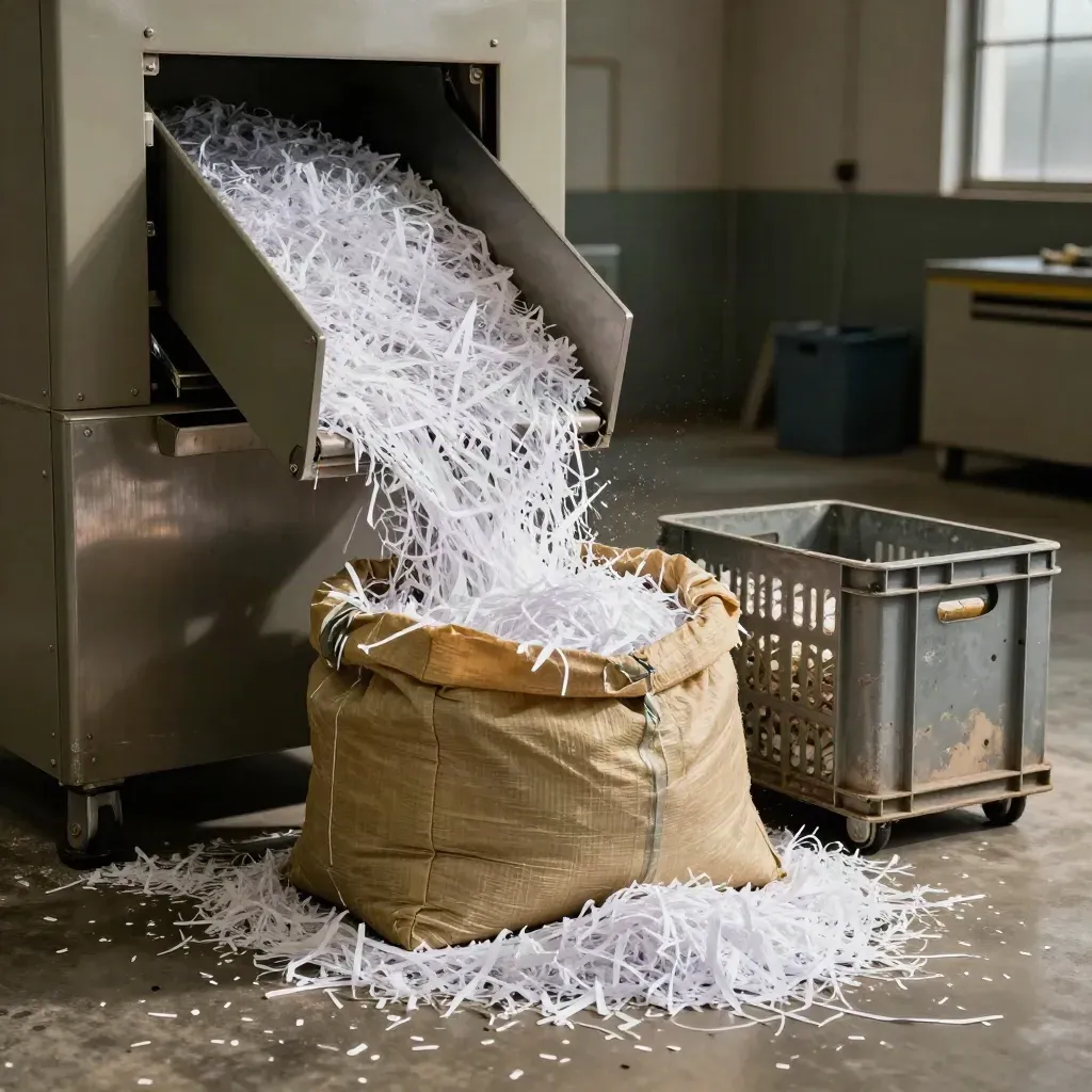 Saco de destrucción segura y tolva trituradora con confeti de papel en una sala industrial.