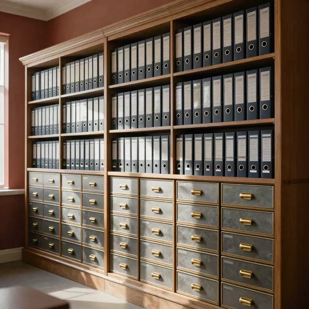Archivadores legales ordenados con cajones metálicos y carpetas cerradas en una sala cálida.