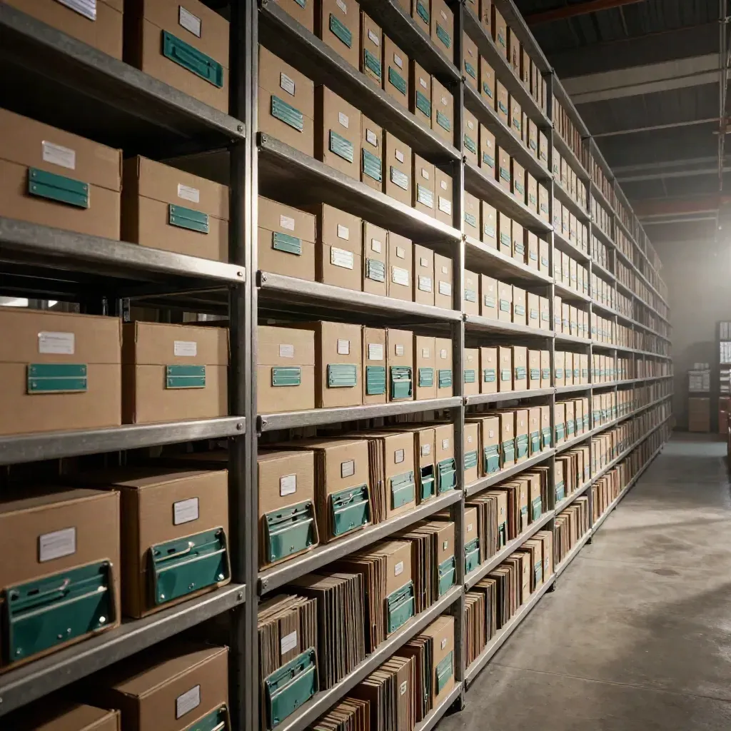 Pasillo de archivo con cajas uniformes y bandejas, en luz dramática y profundidad imponente.