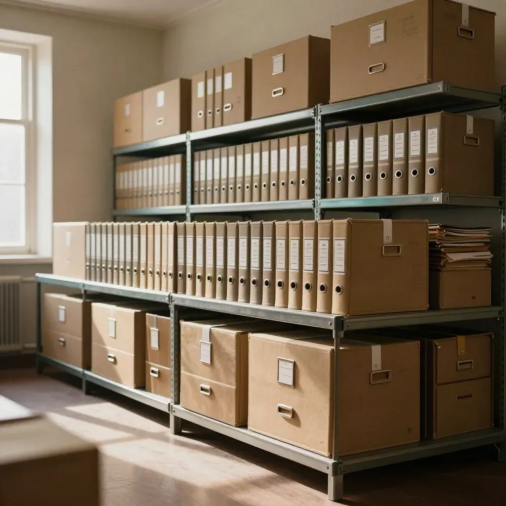 Archivo fiscal ordenado con cajas apiladas, libros encuadernados y sellos de seguridad en luz cálida.