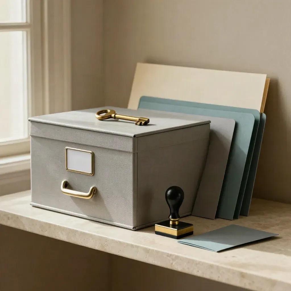 Caja de archivo, llave de latón, sello e carpetas sobre piedra clara, con luz lateral suave.