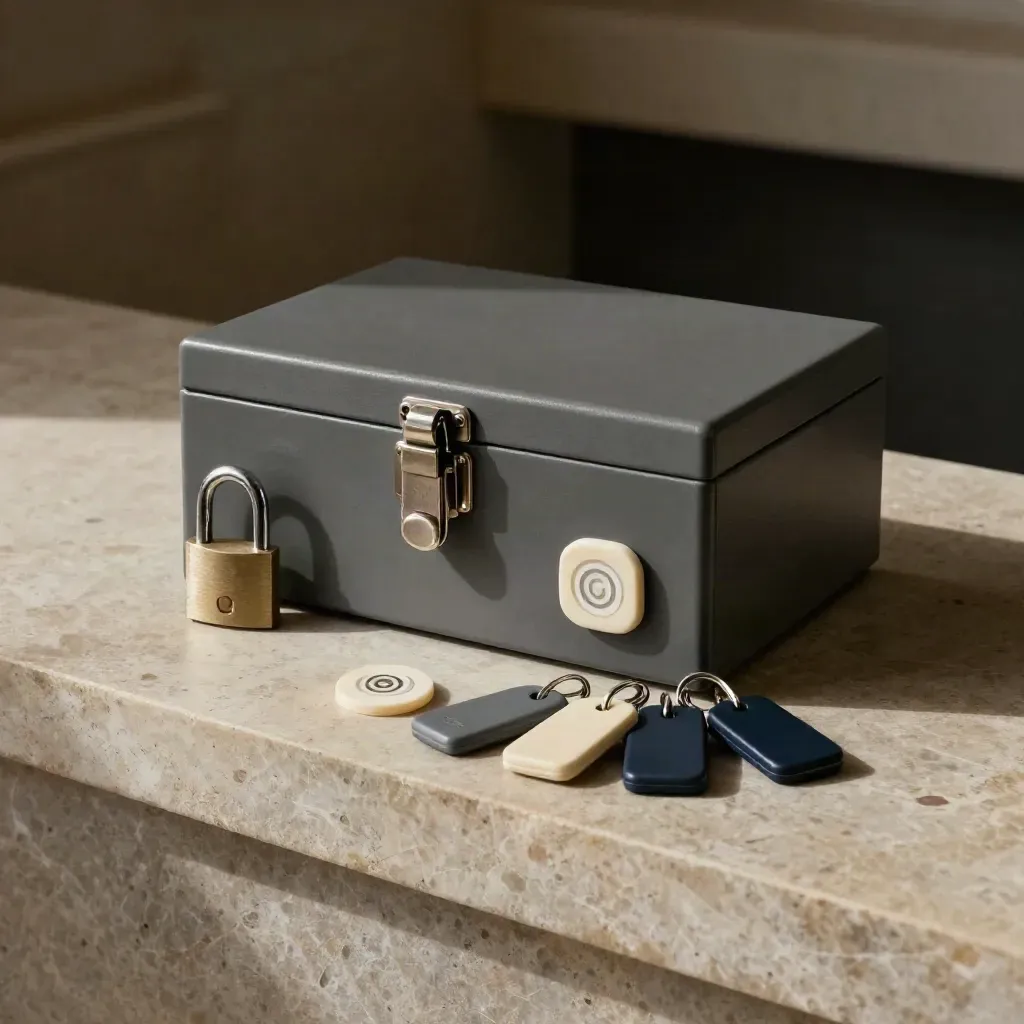 Caja de archivo con candado, token RFID y llaveros codificados sobre una repisa de piedra.