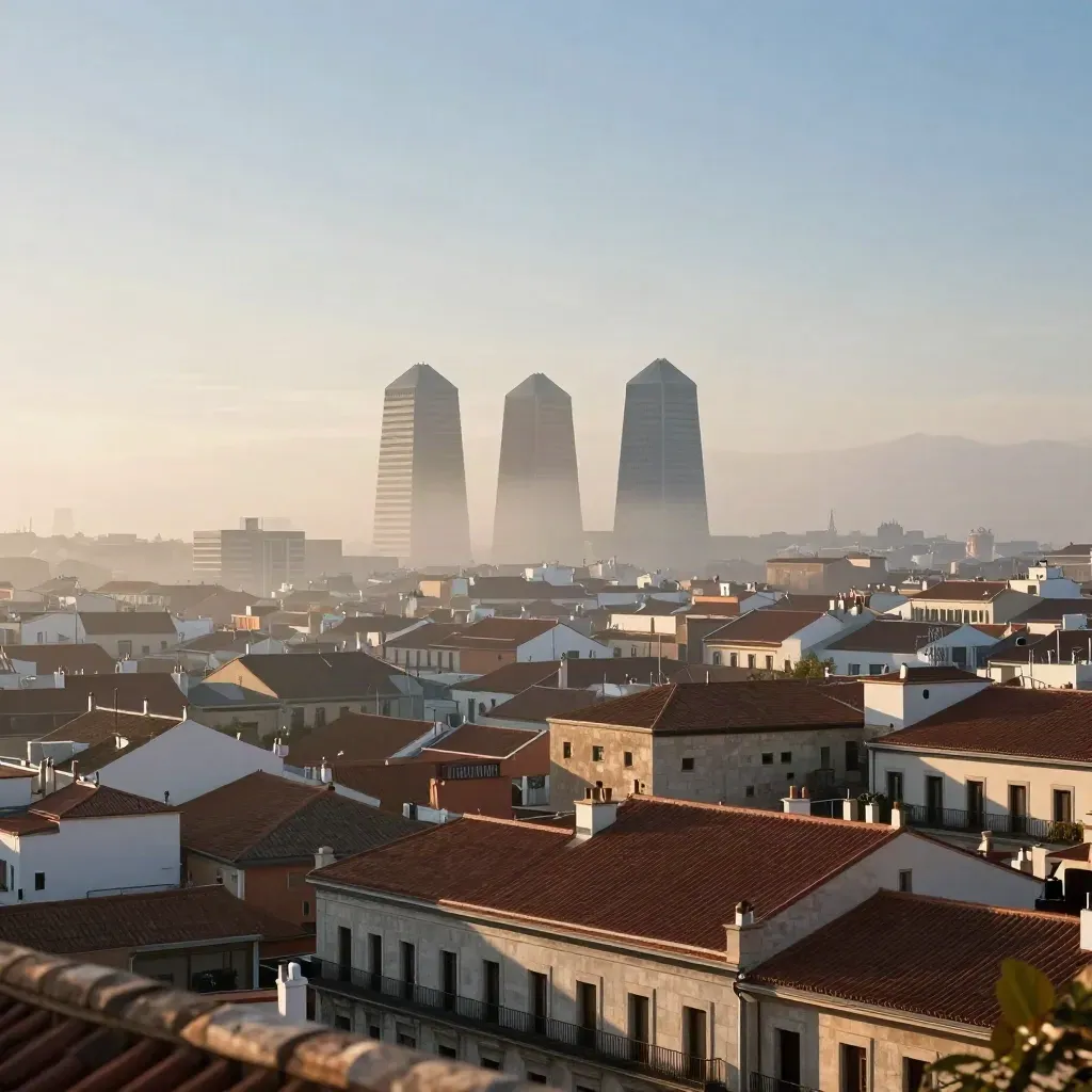 Vista de Madrid con las Cuatro Torres sobre tejados de terracota y niebla al amanecer.