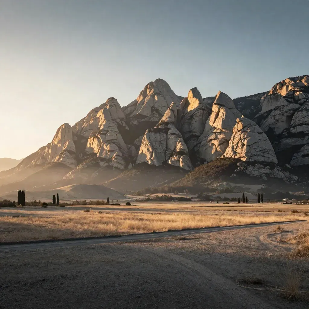 Montserrat al atardecer con la sierra iluminada y la llanura clara y tranquila debajo