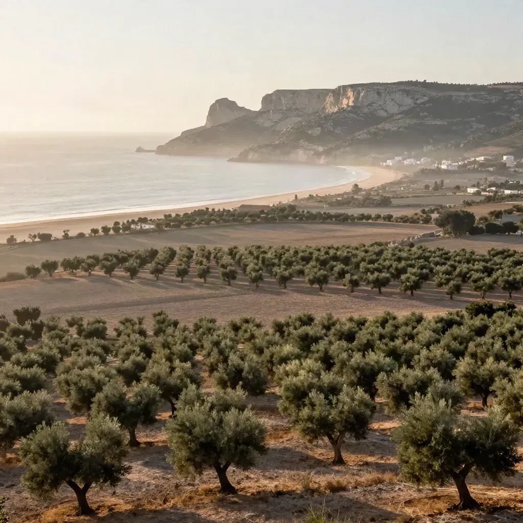 Vista de la Comunidad Valenciana al amanecer, con costa baja, naranjales y bruma marina.