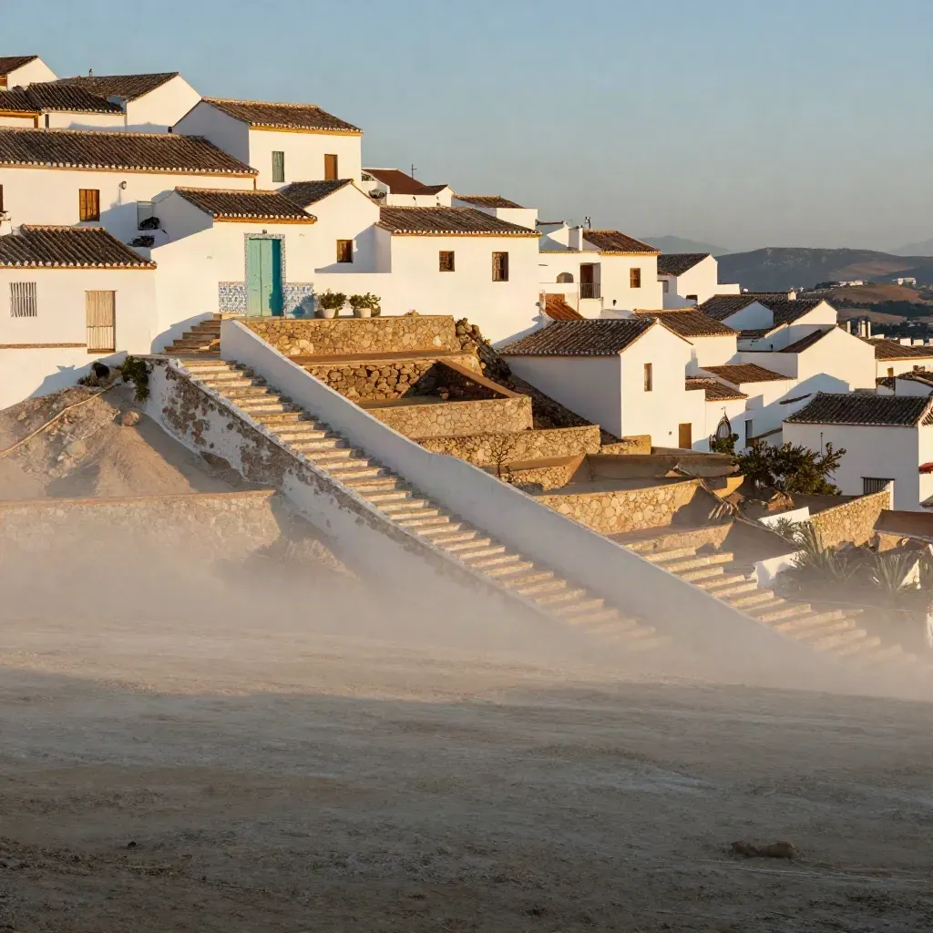 Paisaje andaluz con casas encaladas, tejados de terracota y luz dorada sobre piedra.