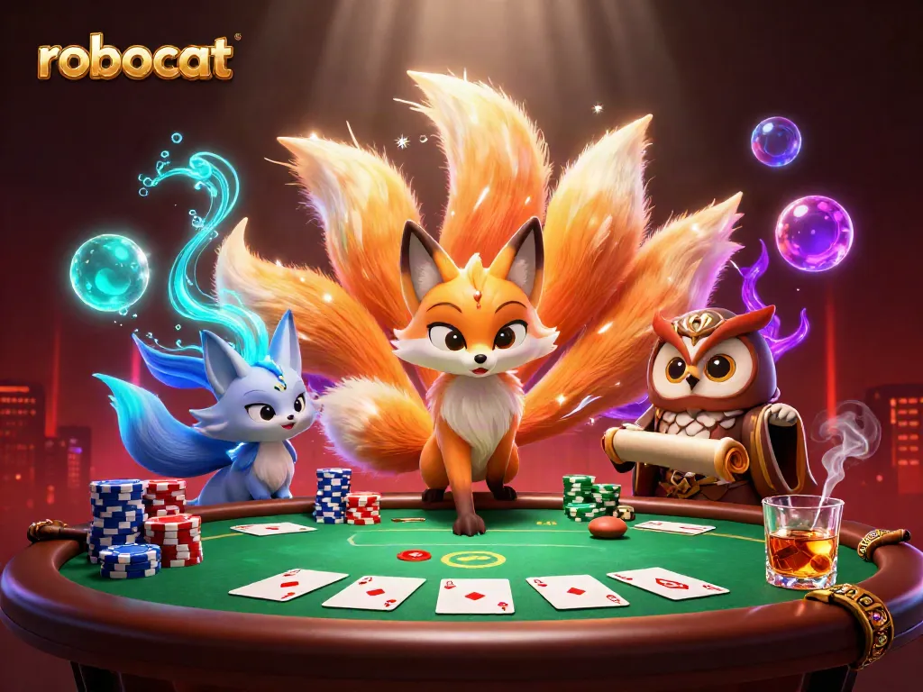 Robocat engages players with a vibrant poker scene featuring glowing characters and colorful casino elements.
