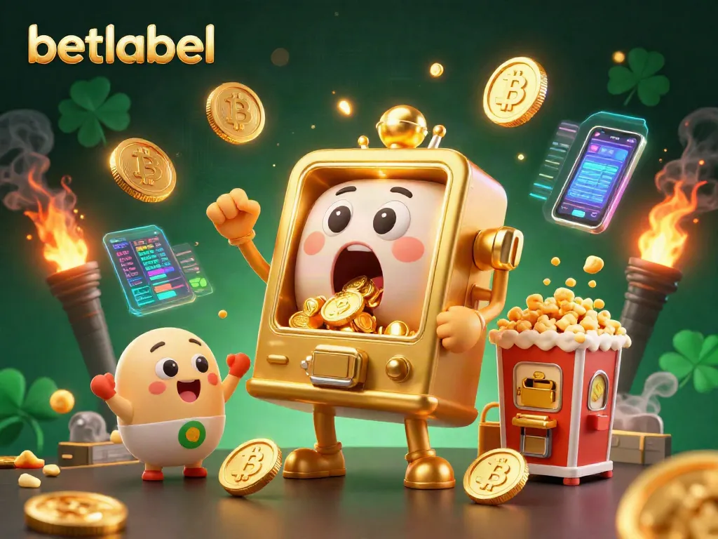 Betlabel slot machine celebrates a jackpot with coins pouring out in a vibrant casino scene.