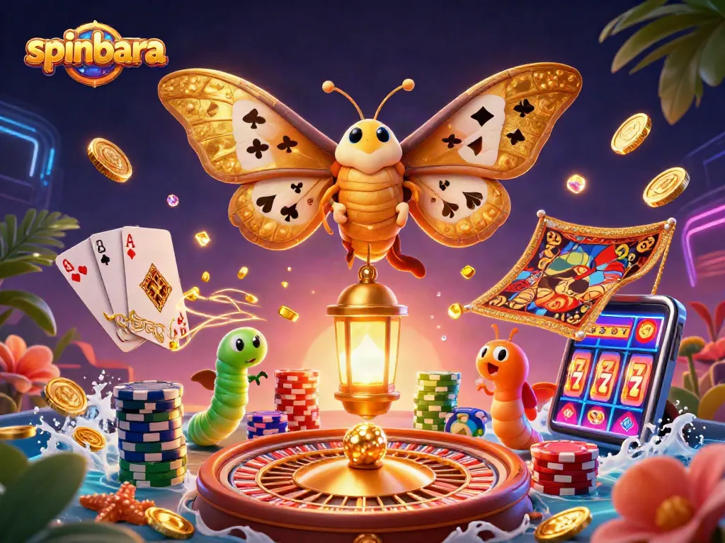 Spinbara players explore vibrant 3D casino scenes with dazzling butterflies and dynamic elements.